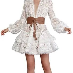 Bronx and Banco White Lace Mini Dress with Brown Waist Tie